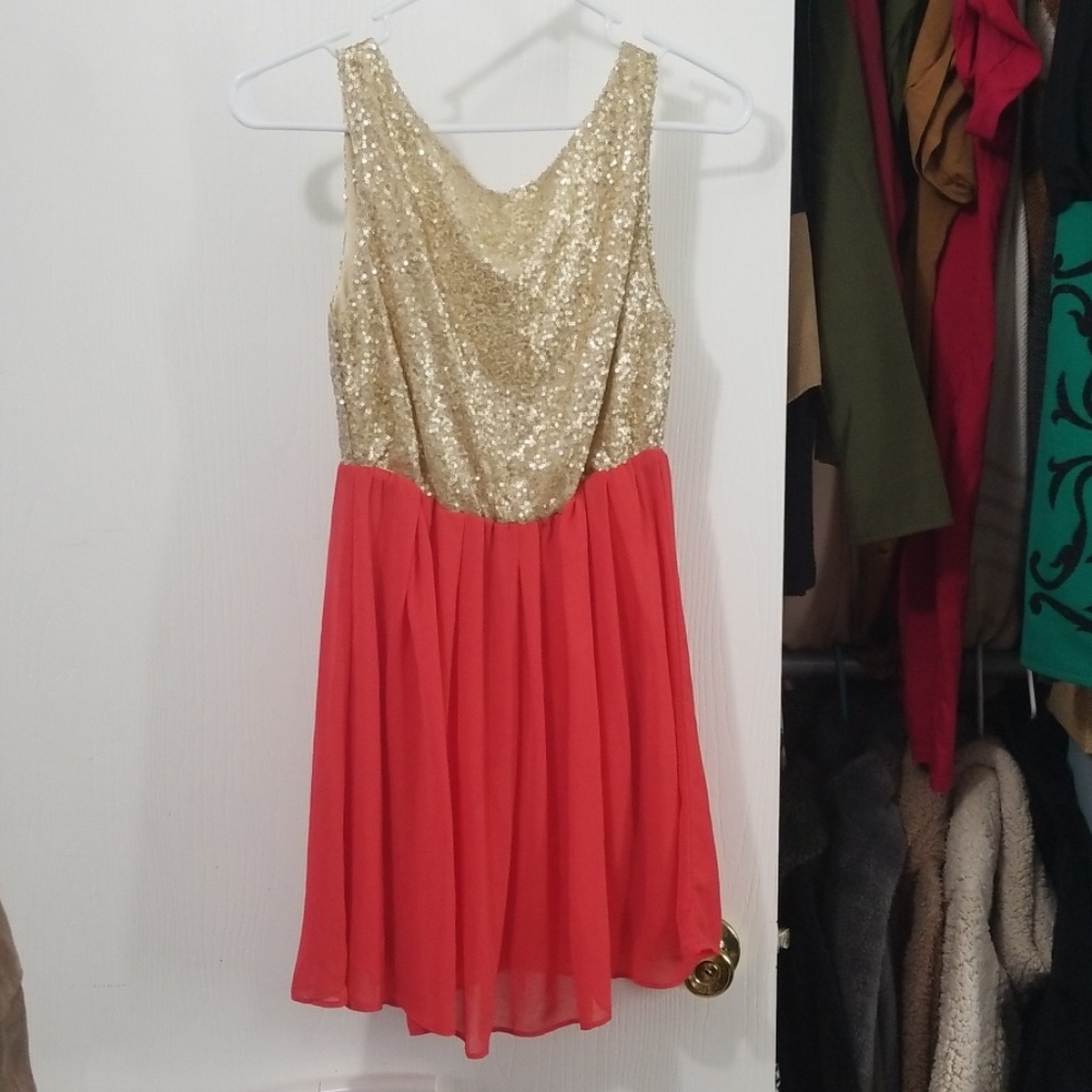 Coral Gold Sequin Mini Dress